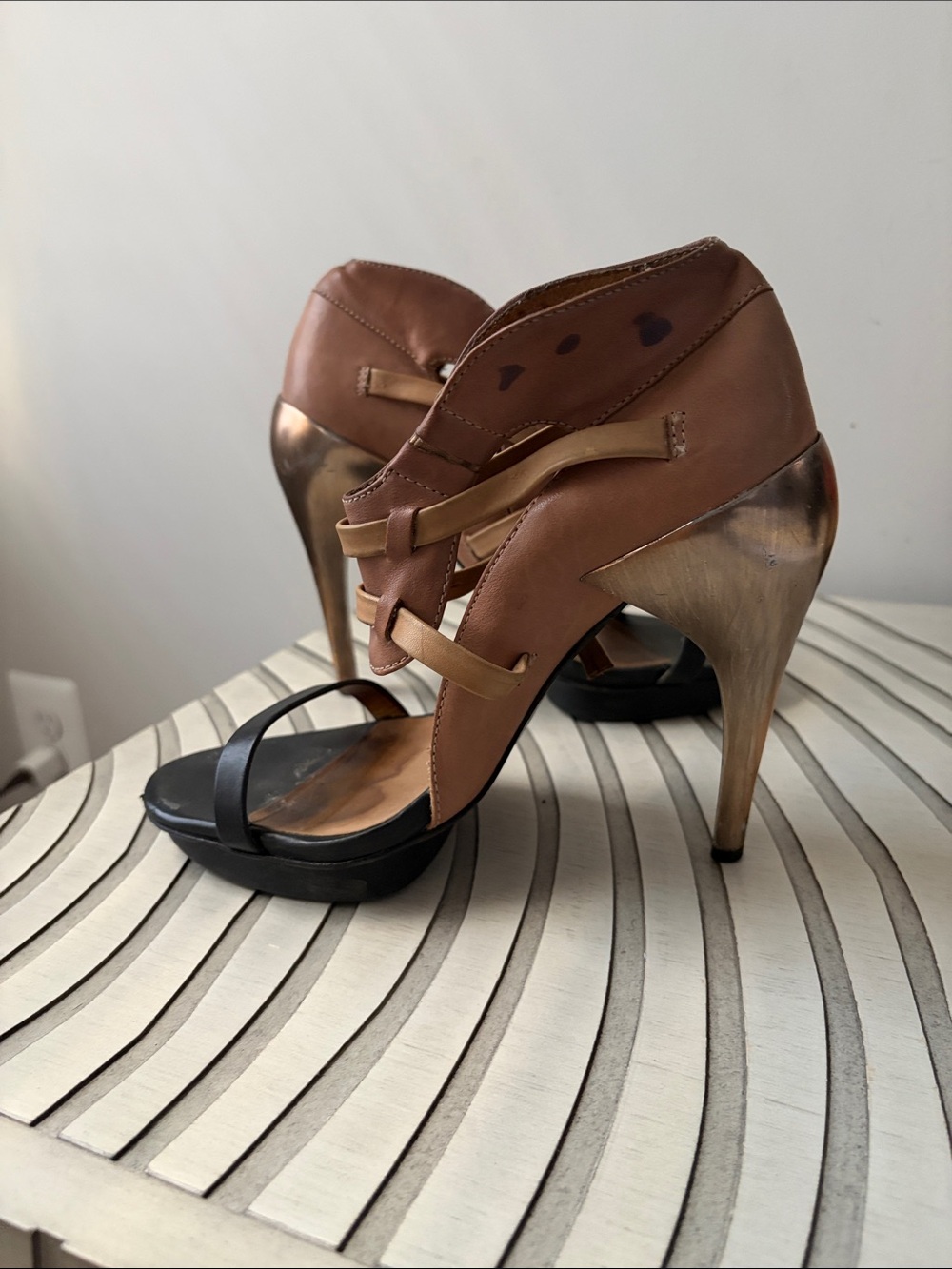 All Saints vintage Women's Brown and Black Strappy High Heel Sandals - size 38